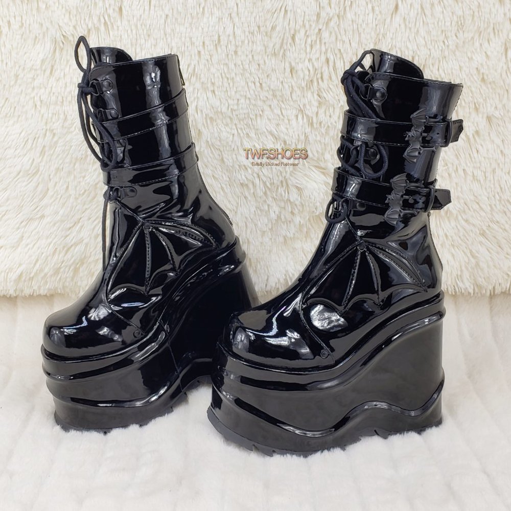 Wave Bat Wing 6" Wedge Platform Mid Calf Punk Goth Boots With Bat Buckle Straps